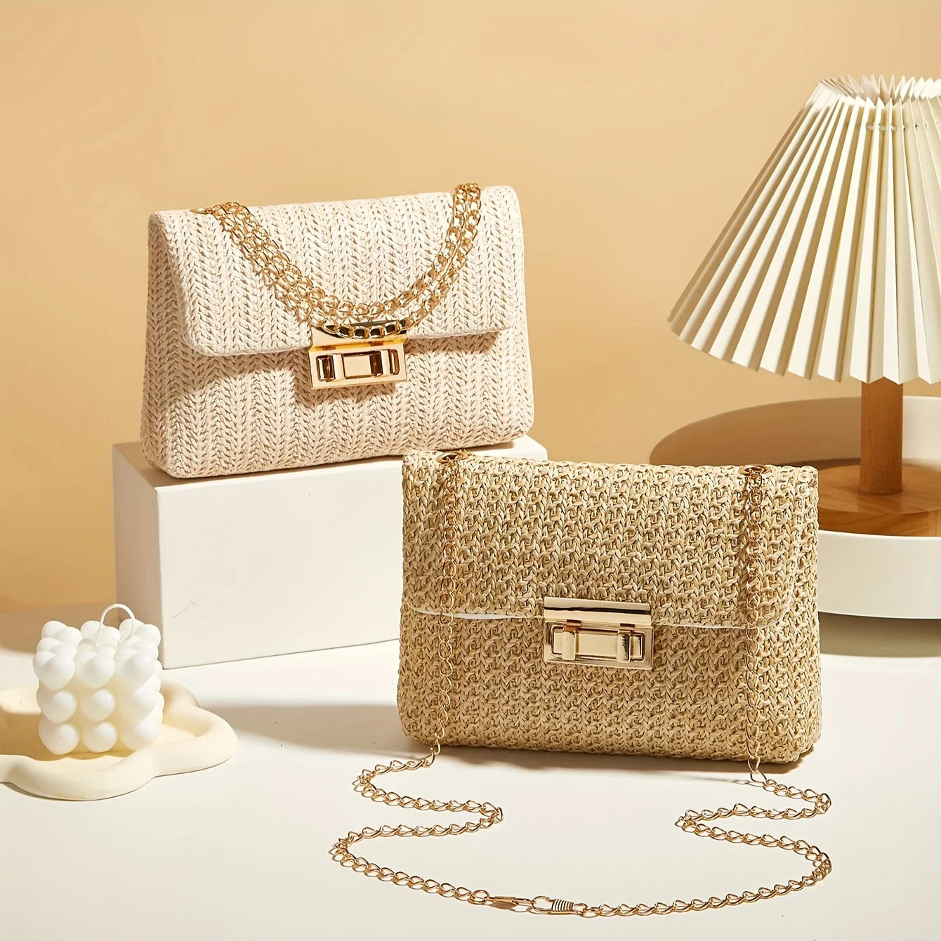 Borsa Paglia Intrecciata Donna - Tracolla Fashion con Chiusura a Lucchetto