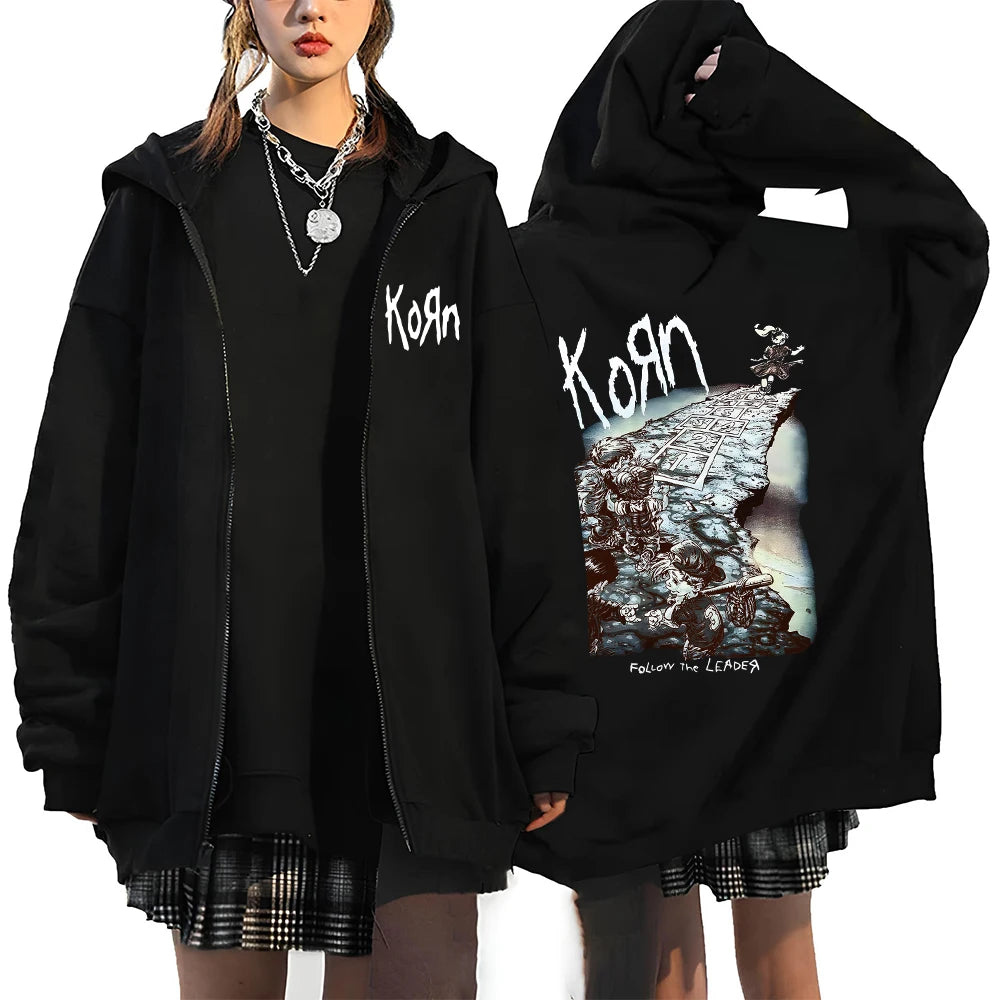 Felpa con Cappuccio Korn Rock World Tour - Zip Oversized Streetwear Hip Hop