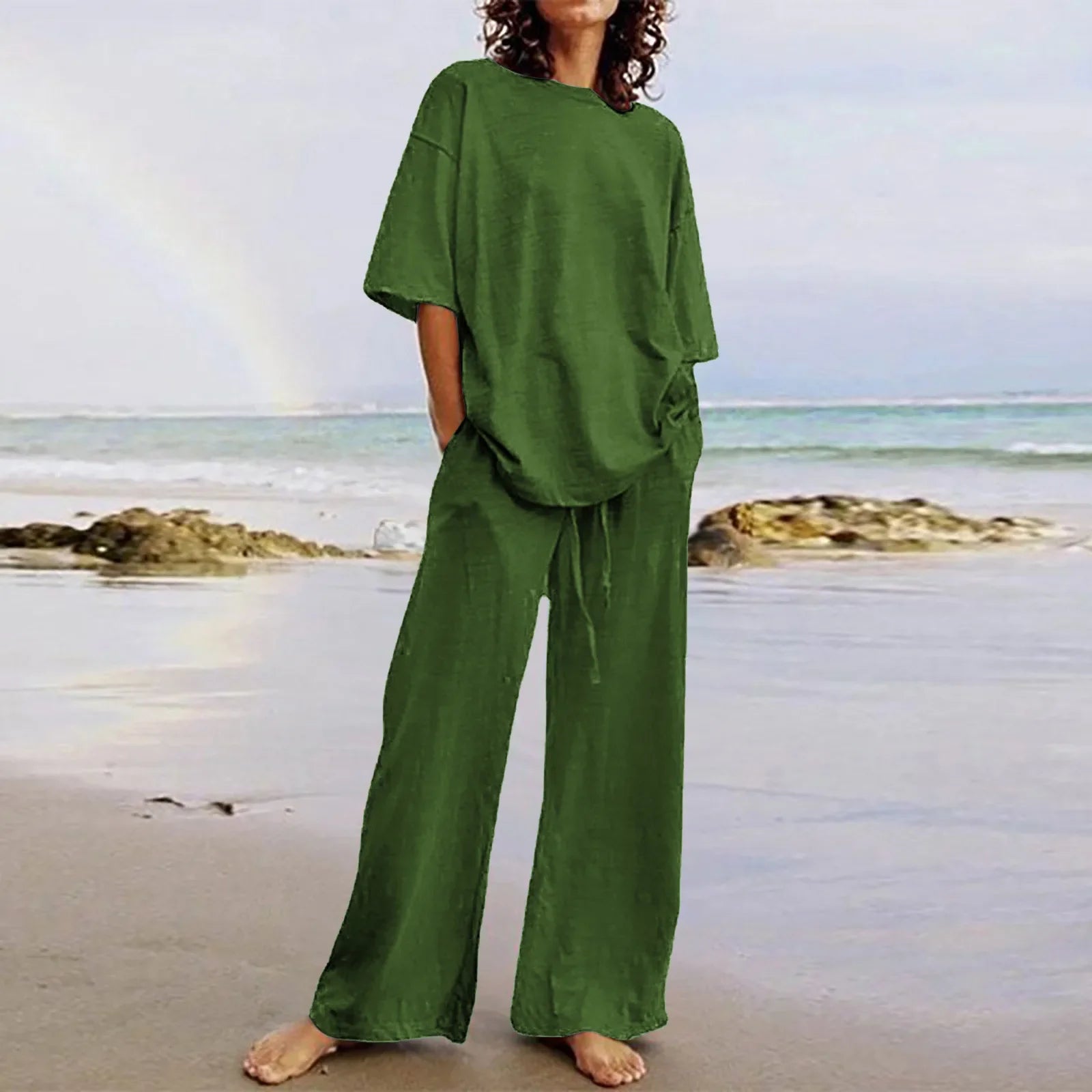 Completo Due Pezzi Donna — Top Girocollo con Tasche e Pantaloni Wide Leg Casual