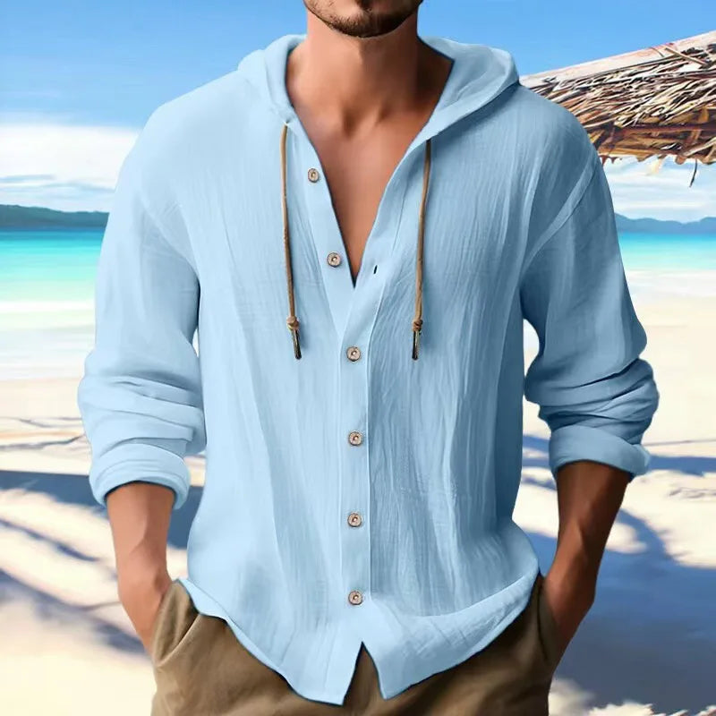 Camicia Uomo Cotone e Lino con Cappuccio – Cardigan Casual Beach Loose Fit