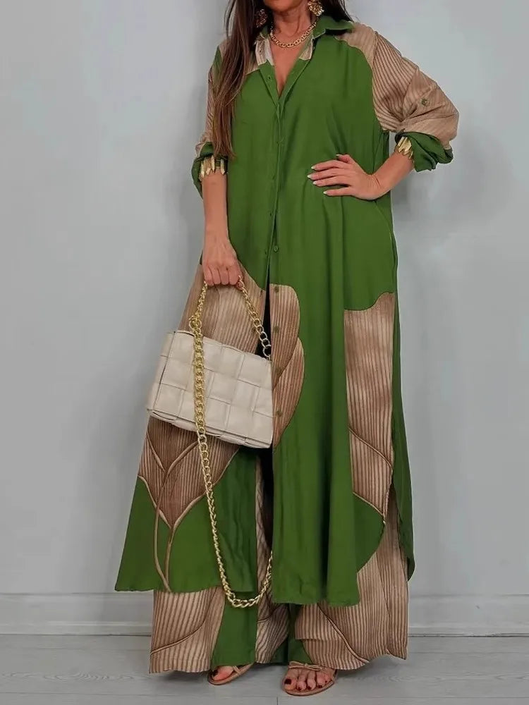 Completo Due Pezzi Donna — Camicia Lunga Stampata e Pantaloni Wide Leg Casual