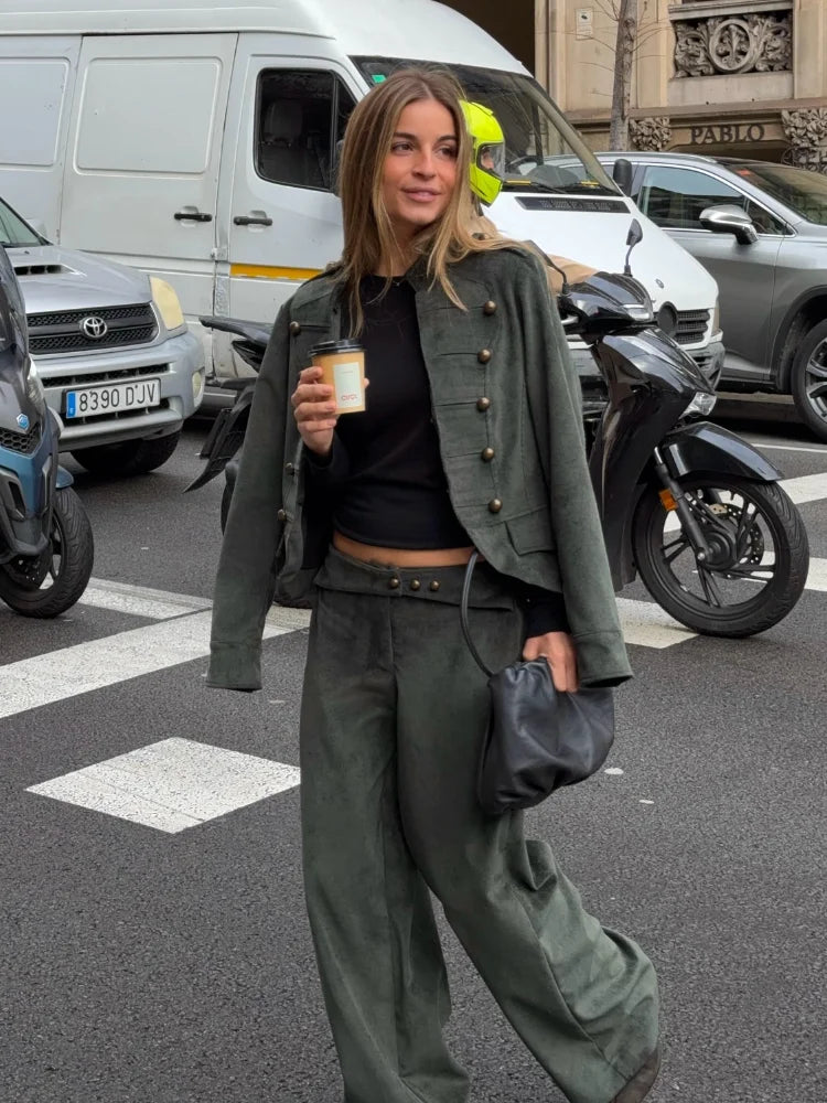 Retro Corduroy Pants Set Women Military Style Cropped Jacket Matching Wide Leg Pant Fashion Outfit Casual Streetwear Office Suit