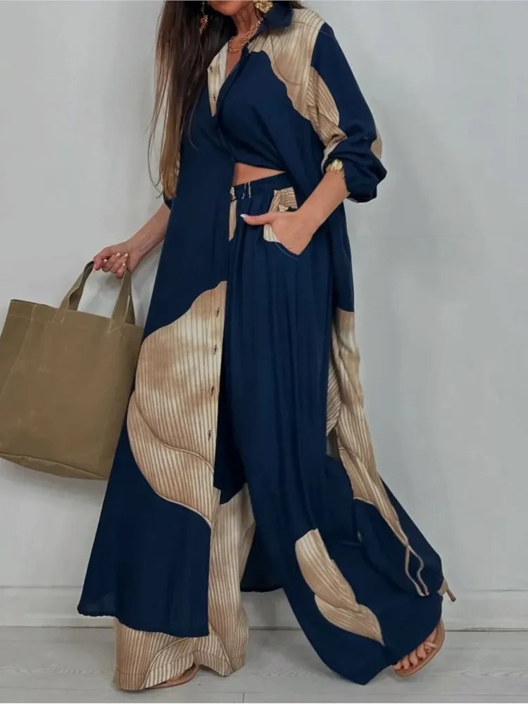 Completo Due Pezzi Donna — Camicia Lunga Stampata e Pantaloni Wide Leg Casual