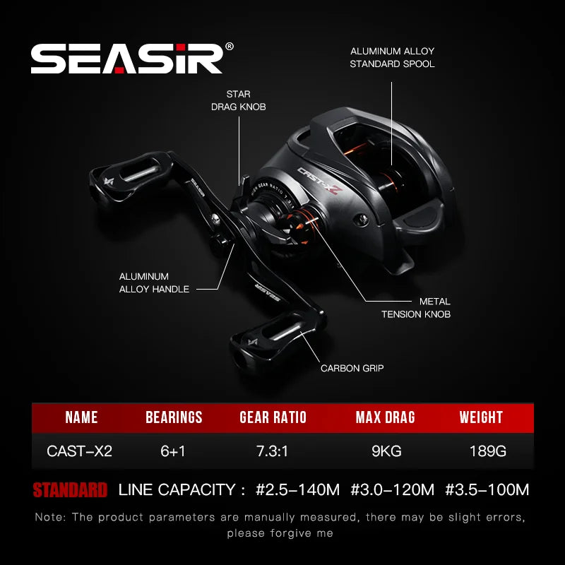 SEASIR Cast-X2 Baitcasting Reel 7.3:1 High Speed Gear Ratio Drag 8.5KG Aluminum Carbon Grip Metal Handle BFS Micro Fishing Reels