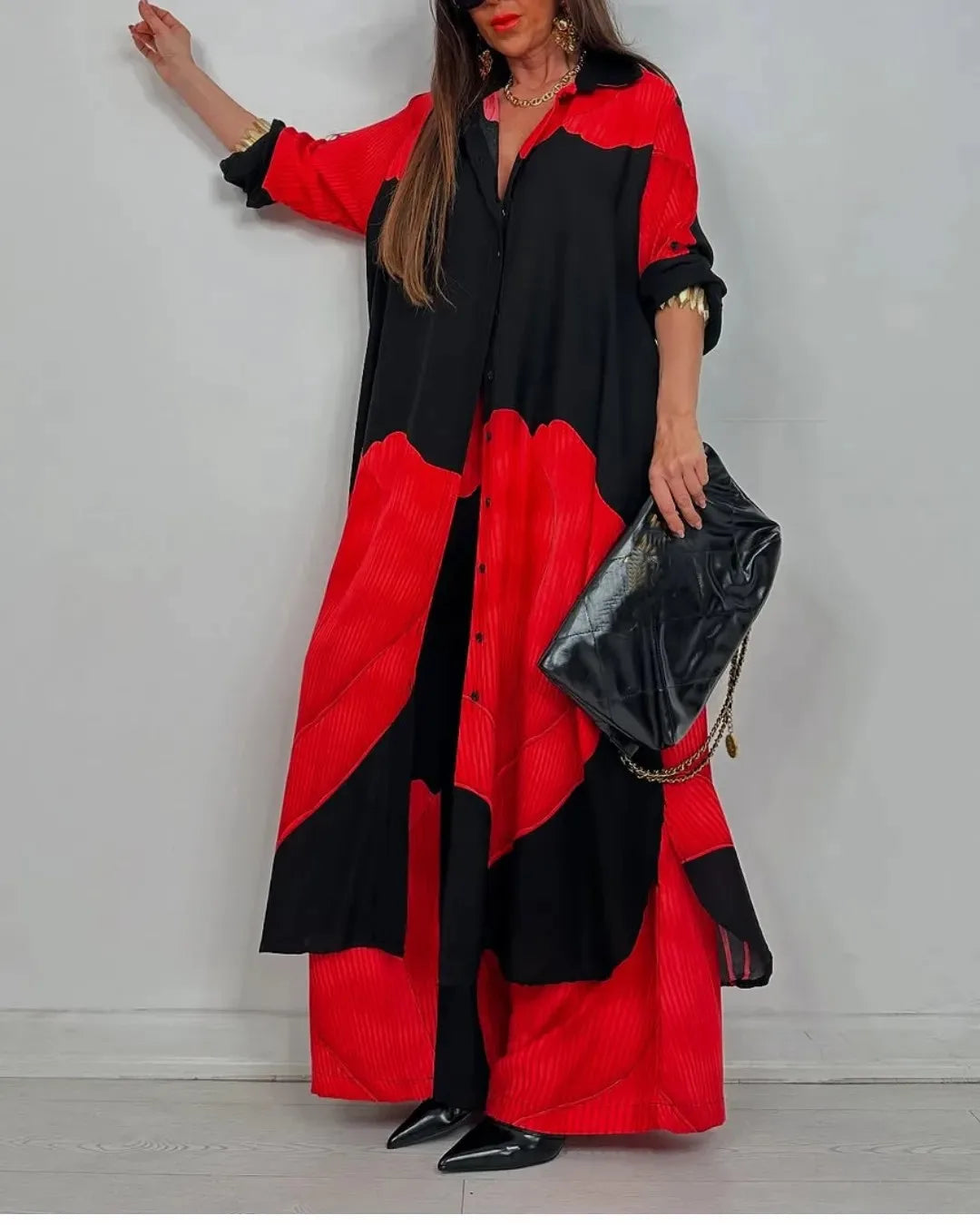 Completo Due Pezzi Donna — Camicia Lunga Stampata e Pantaloni Wide Leg Casual