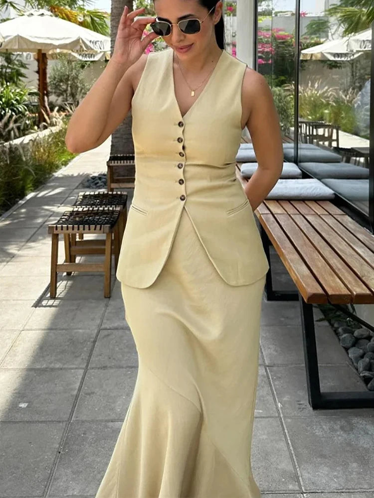 HH Women Vest Skirt Sets Female Khaki Long Blazer Vest V Neck Sleeveless Slim Top+Elegant High Waist A Line Skirt Suit TRAF