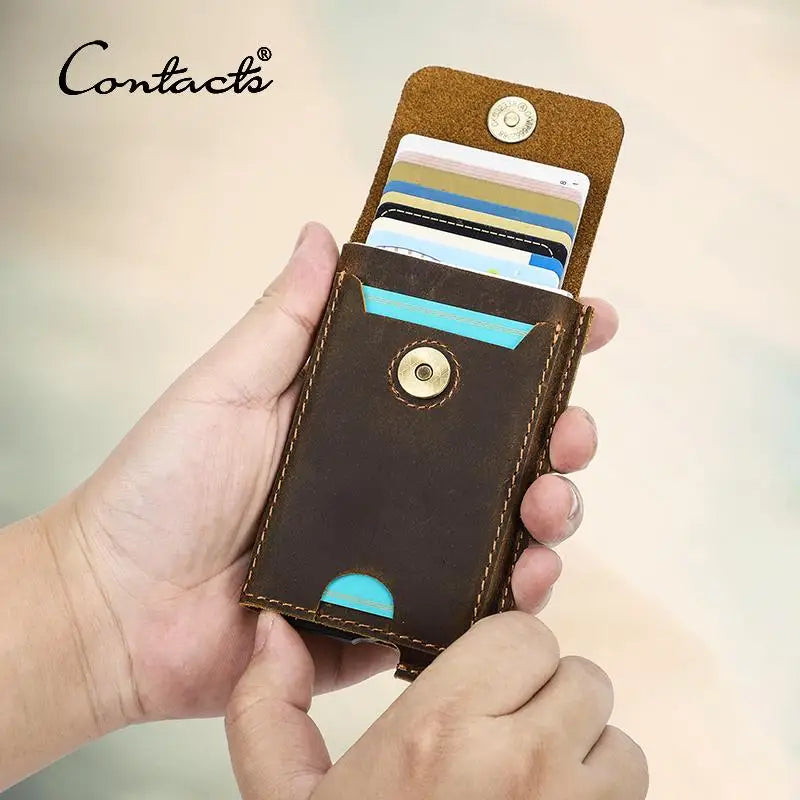 CONTACT'S Men's Credit Card Holder Wallet RFID Genuine Leather Hasp Card Case Man Casual Designer Mini Cards Aluminum Box Purse