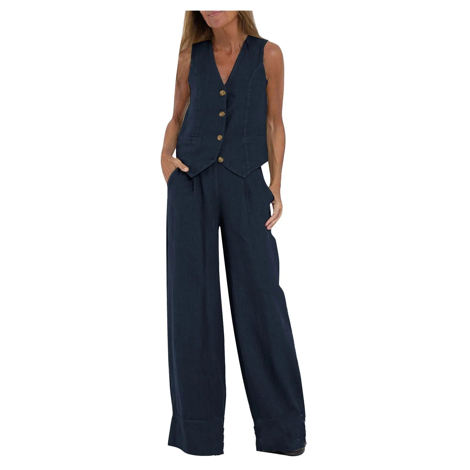 Fashion Solid Sleeveless Vest Wide Leg Pants Sets For Women Summer V-neck Button Top Pocket  Trousers Outfits Two-piece Suit