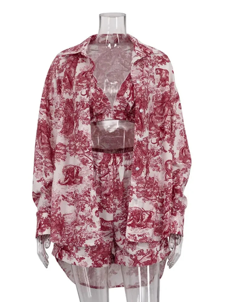 Retro Ink Shirt Three-piece Shorts Suit Women's Summer Casual Long Sleeve Button Print Fashion Shirt with Shorts Suit