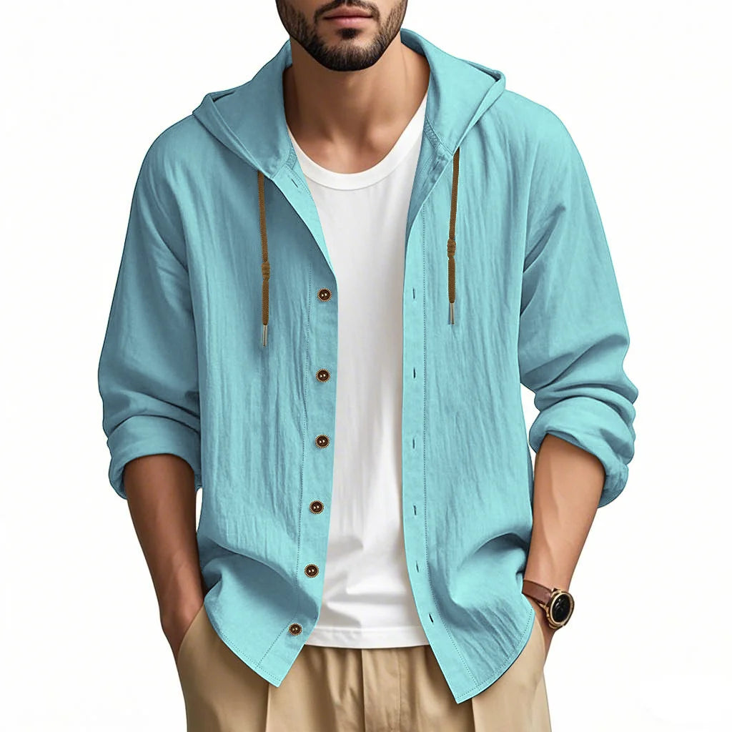 Camicia Uomo Cotone e Lino con Cappuccio – Cardigan Casual Beach Loose Fit