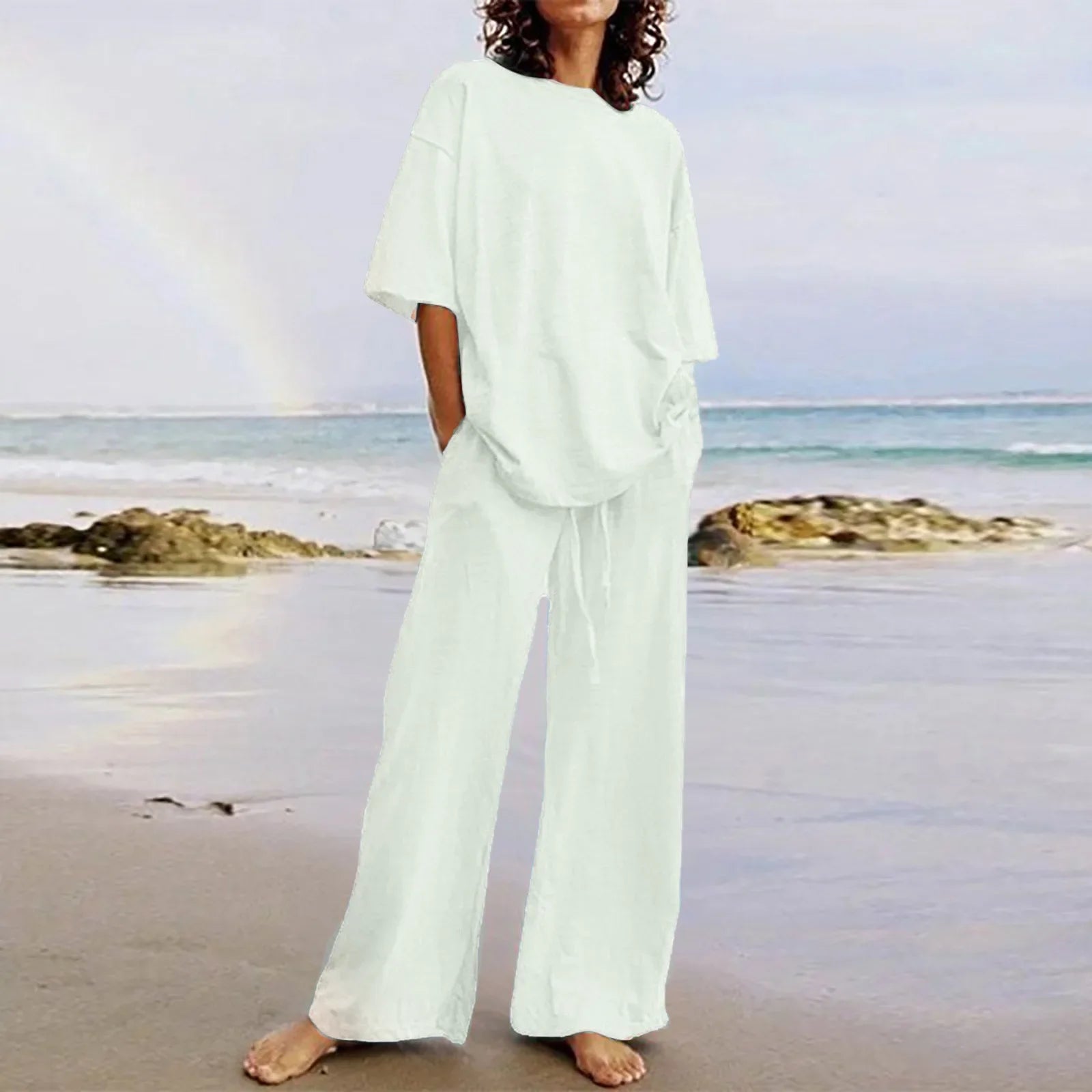 Completo Due Pezzi Donna — Top Girocollo con Tasche e Pantaloni Wide Leg Casual