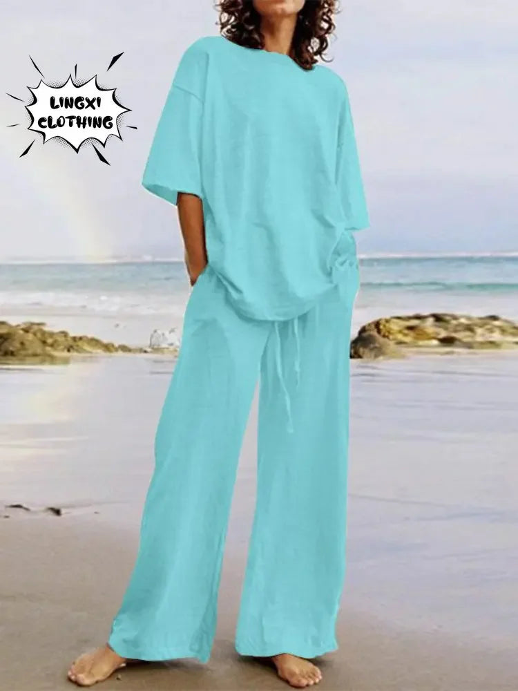 Completo Due Pezzi Donna — Top Girocollo con Tasche e Pantaloni Wide Leg Casual