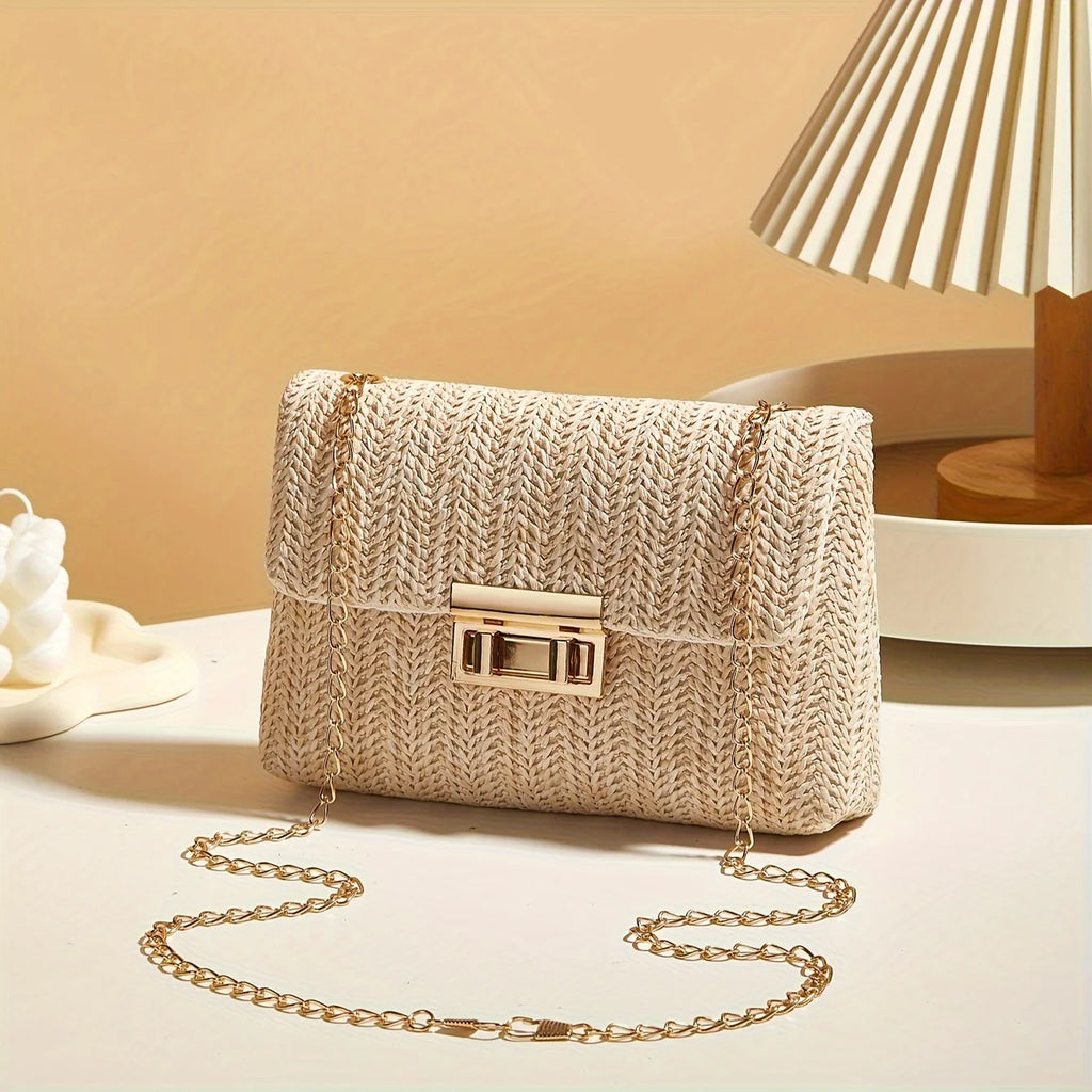 Borsa Paglia Intrecciata Donna - Tracolla Fashion con Chiusura a Lucchetto