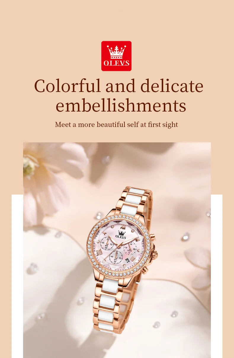 OLEVS Exquisite Women's Watches Prismatic Mirror Surface Quartz Watch Chronograph Gift Bracelet Calendar Waterproof Female Watch