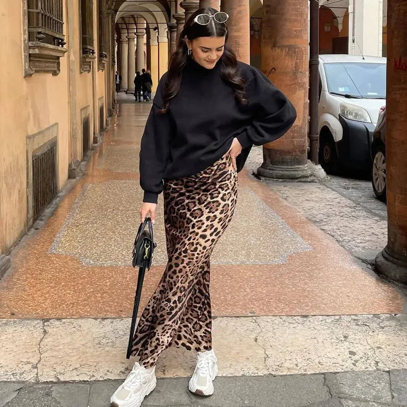 HXAO Women's Skirts Leopard Long Skirts For Women Vintage Satin Animal Print Skirt Woman Fashion High Waist Elegant Midi Skirts