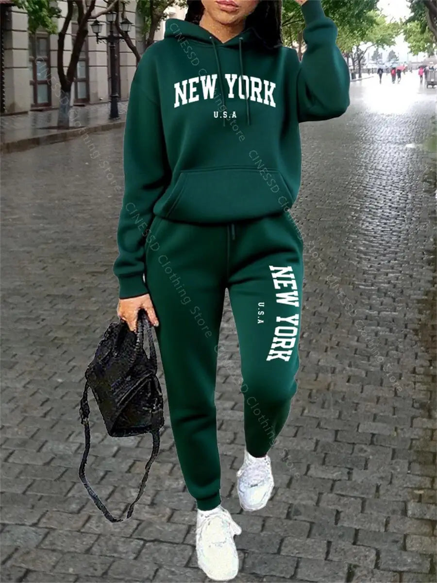 Tuta Sportiva Donna New York - Completo Felpa con Cappuccio e Pantaloni Streetwear Autunno Inverno