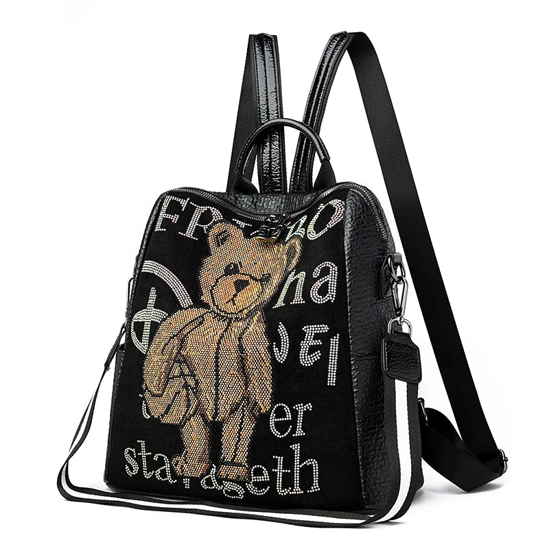 Zaino Donna Design Orsetto con Diamanti - Borsa Scuola Fashion in Pelle