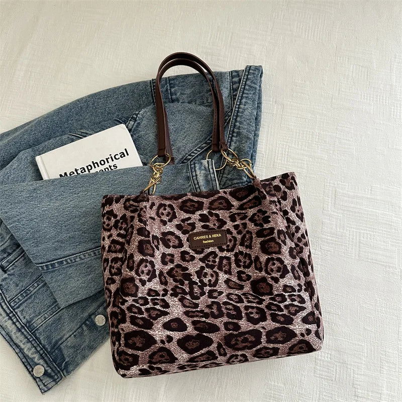 Borsa Tote Donna Stampa Leopardata — Shopper in PU Casual per Ufficio e Viaggio