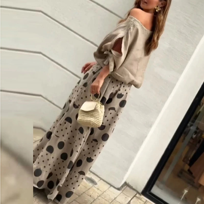 Completo Due Pezzi Donna — Top Scollo Obliquo e Pantaloni Wide Leg Casual Estivo