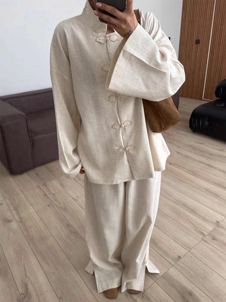 Casual Frog Buttons Linen Two Piece Set Women Lace Up Stand Collar Shirts Wide Leg Pants 2026 Spring Summer Lady Loose Outfits