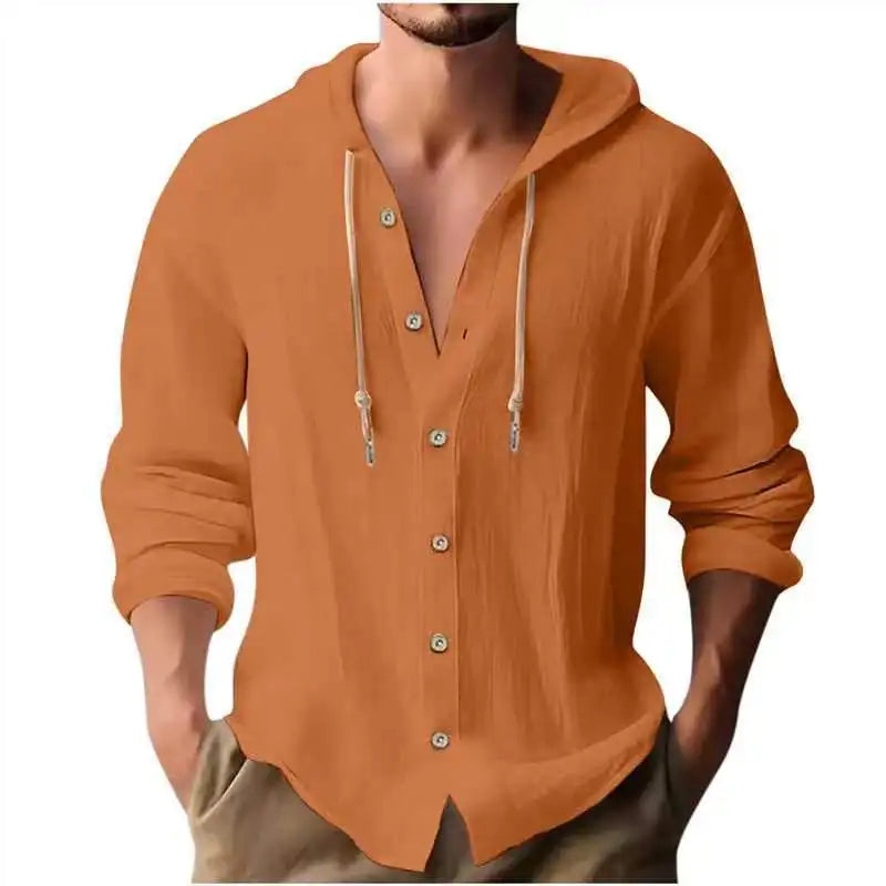 Camicia Uomo Cotone e Lino con Cappuccio – Cardigan Casual Beach Loose Fit