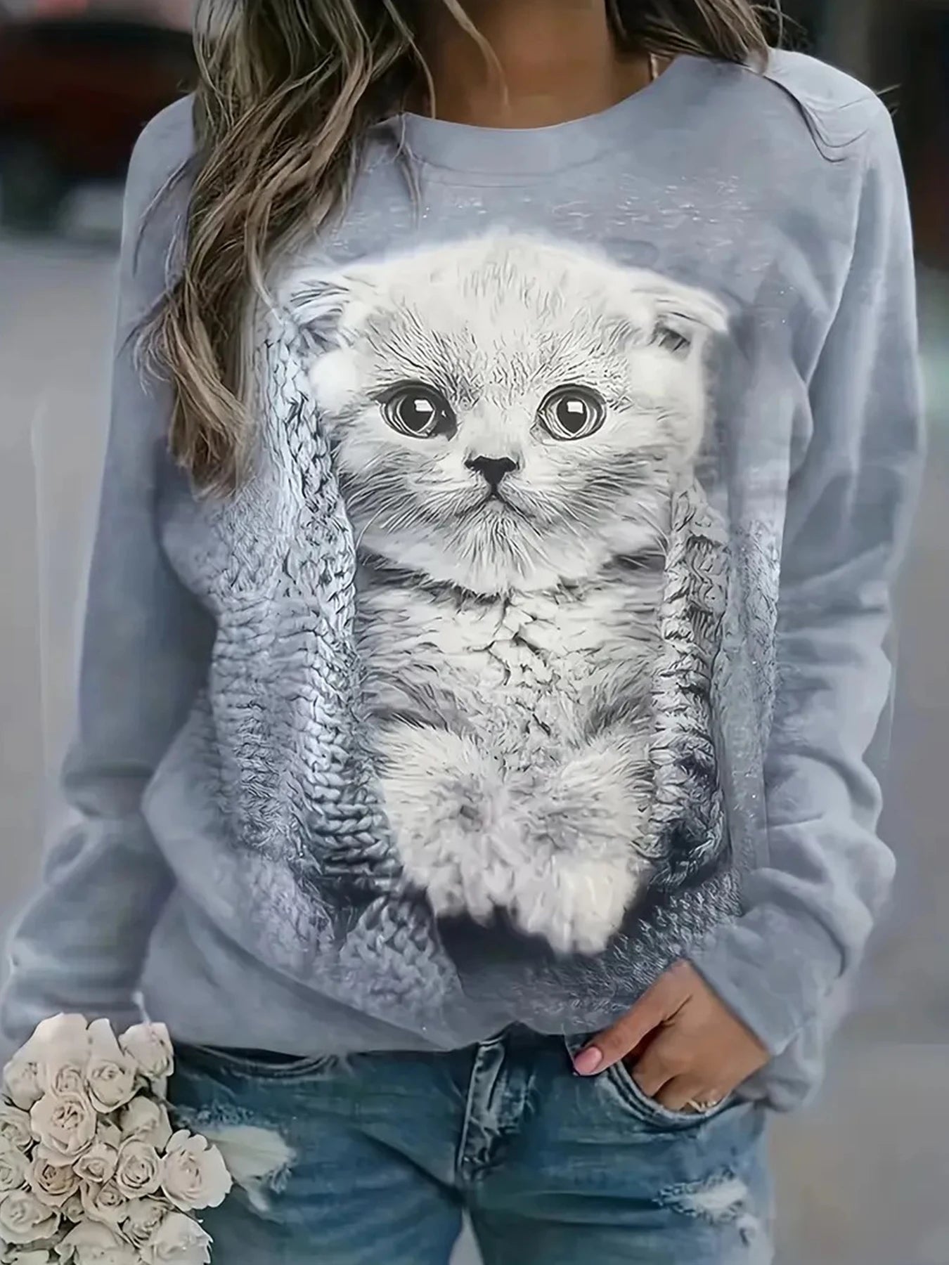 Felpa Donna Manica Lunga Gattino Curioso Design Grafico Girocollo Casual Amante Gatti