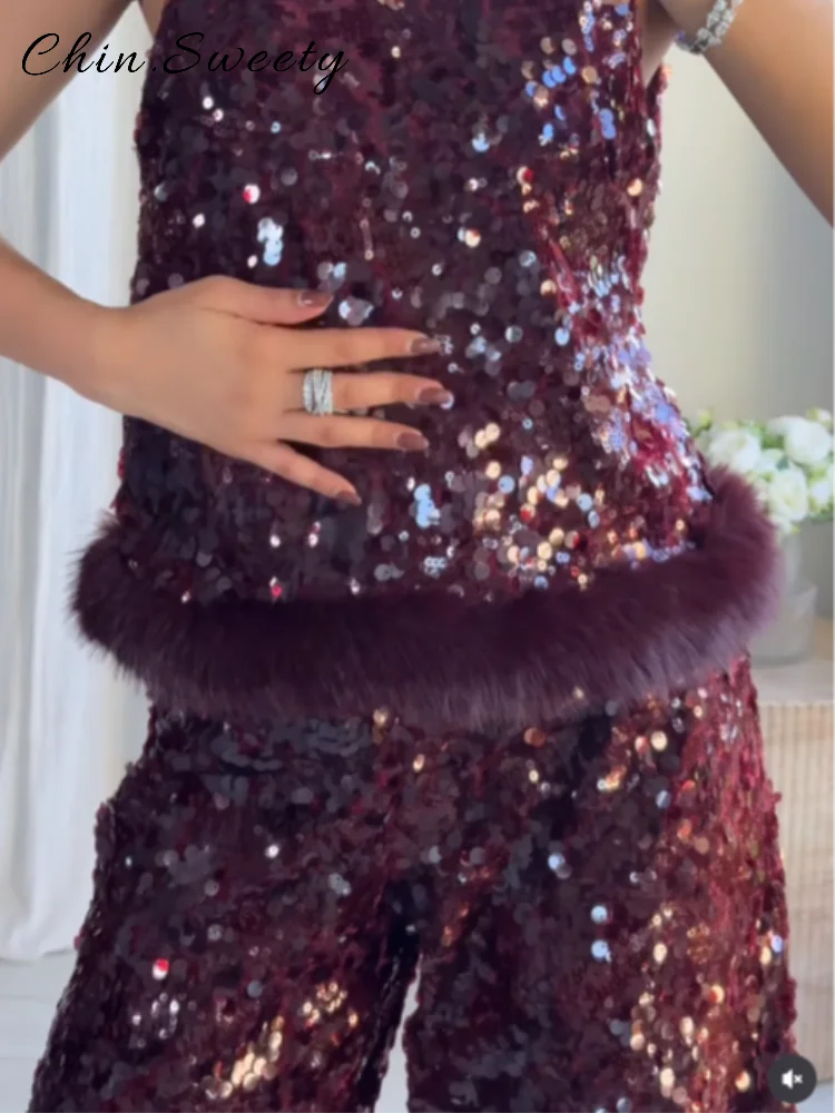 Completo Elegante Donna con Paillettes e Piume - Gilet Scollo Rotondo e Pantaloni Palazzo per Cerimonie