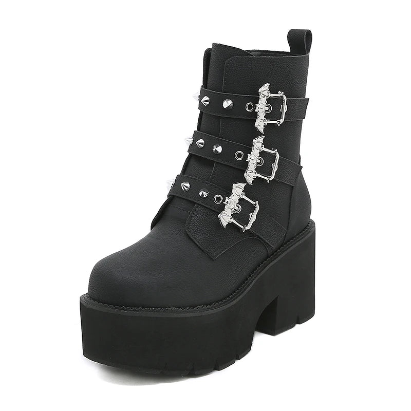 Gdgydh Sexy Rivets Black Demoia Boots Women Metal Decoration Platform Heels Gothic Bat Buckle Strap Ladies Short Boots Plus Size