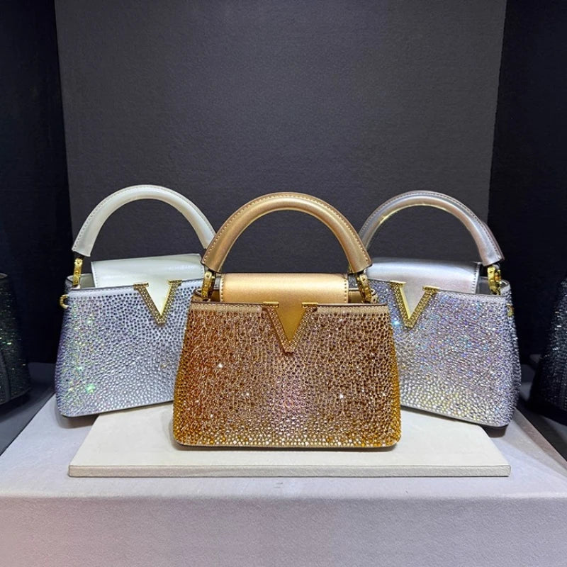 Borsa Tote Donna con Diamanti e Strass - Tracolla in Pelle Luxury