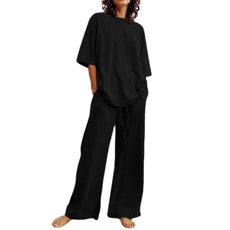 Completo Due Pezzi Donna — Top Girocollo con Tasche e Pantaloni Wide Leg Casual