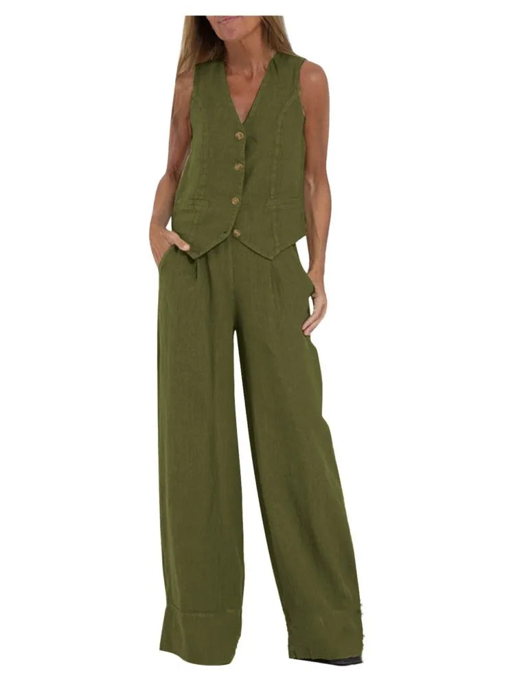 Fashion Solid Sleeveless Vest Wide Leg Pants Sets For Women Summer V-neck Button Top Pocket  Trousers Outfits Two-piece Suit