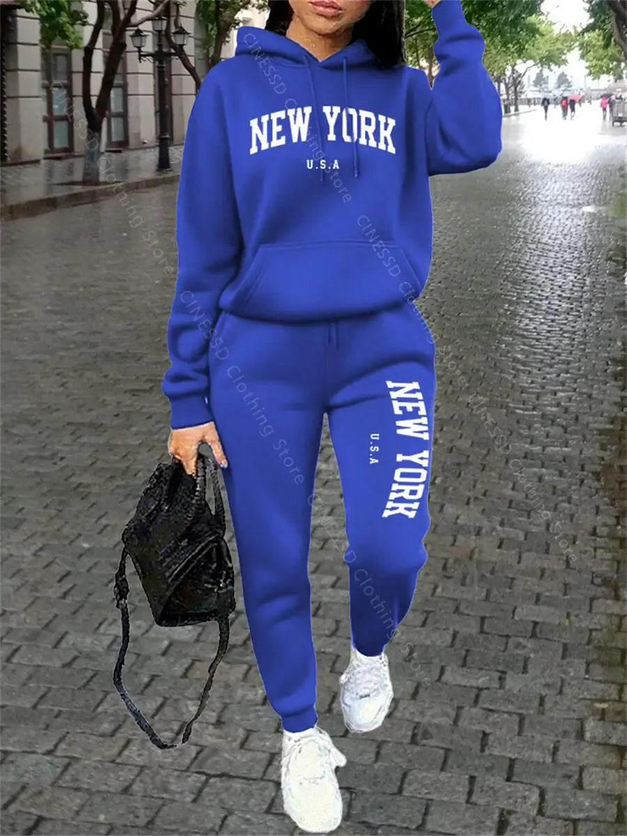 Tuta Sportiva Donna New York - Completo Felpa con Cappuccio e Pantaloni Streetwear Autunno Inverno