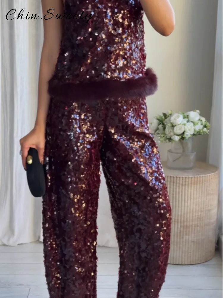 Completo Elegante Donna con Paillettes e Piume - Gilet Scollo Rotondo e Pantaloni Palazzo per Cerimonie