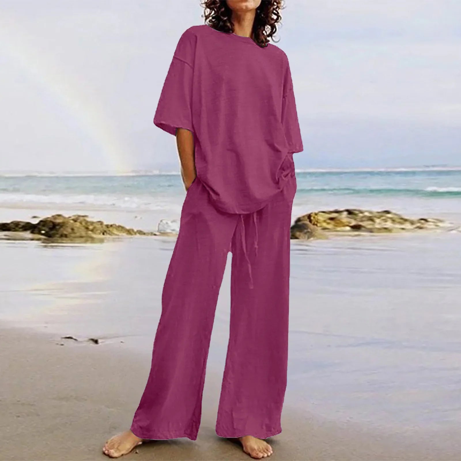 Completo Due Pezzi Donna — Top Girocollo con Tasche e Pantaloni Wide Leg Casual