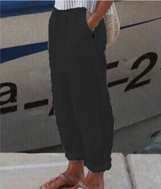 Pantaloni Donna Casual Lino Cotone Vita Elastica Tasche Laterali Comodi Primavera Estate