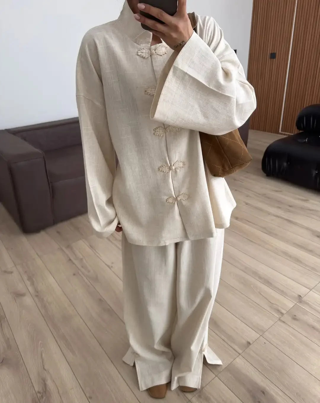 Casual Frog Buttons Linen Two Piece Set Women Lace Up Stand Collar Shirts Wide Leg Pants 2026 Spring Summer Lady Loose Outfits