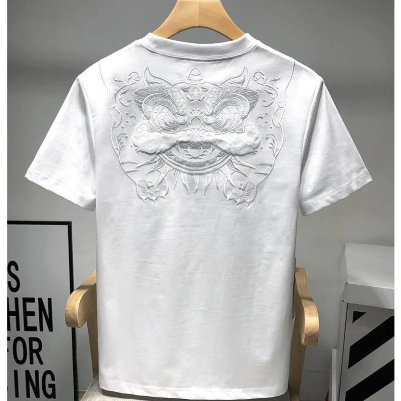 T-shirt Uomo Ricamo Leone – Stile Cinese Casual Estiva