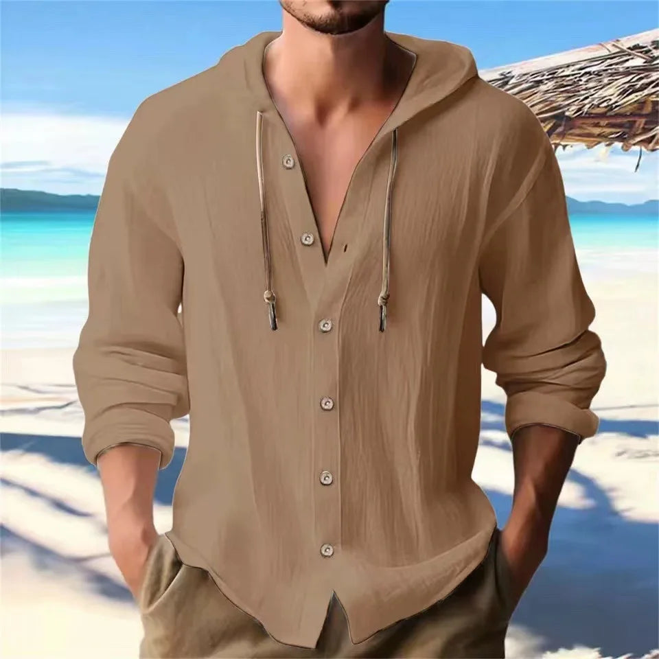 Camicia Uomo Cotone e Lino con Cappuccio – Cardigan Casual Beach Loose Fit
