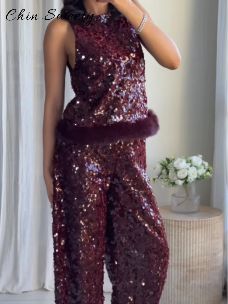 Completo Elegante Donna con Paillettes e Piume - Gilet Scollo Rotondo e Pantaloni Palazzo per Cerimonie