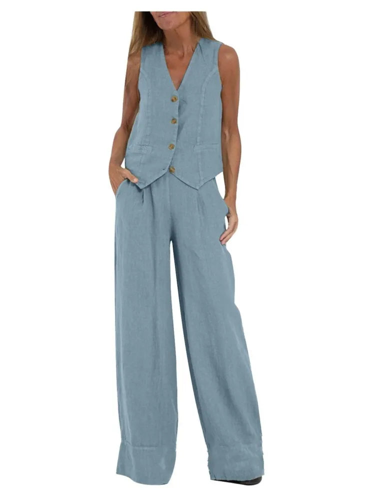Fashion Solid Sleeveless Vest Wide Leg Pants Sets For Women Summer V-neck Button Top Pocket  Trousers Outfits Two-piece Suit