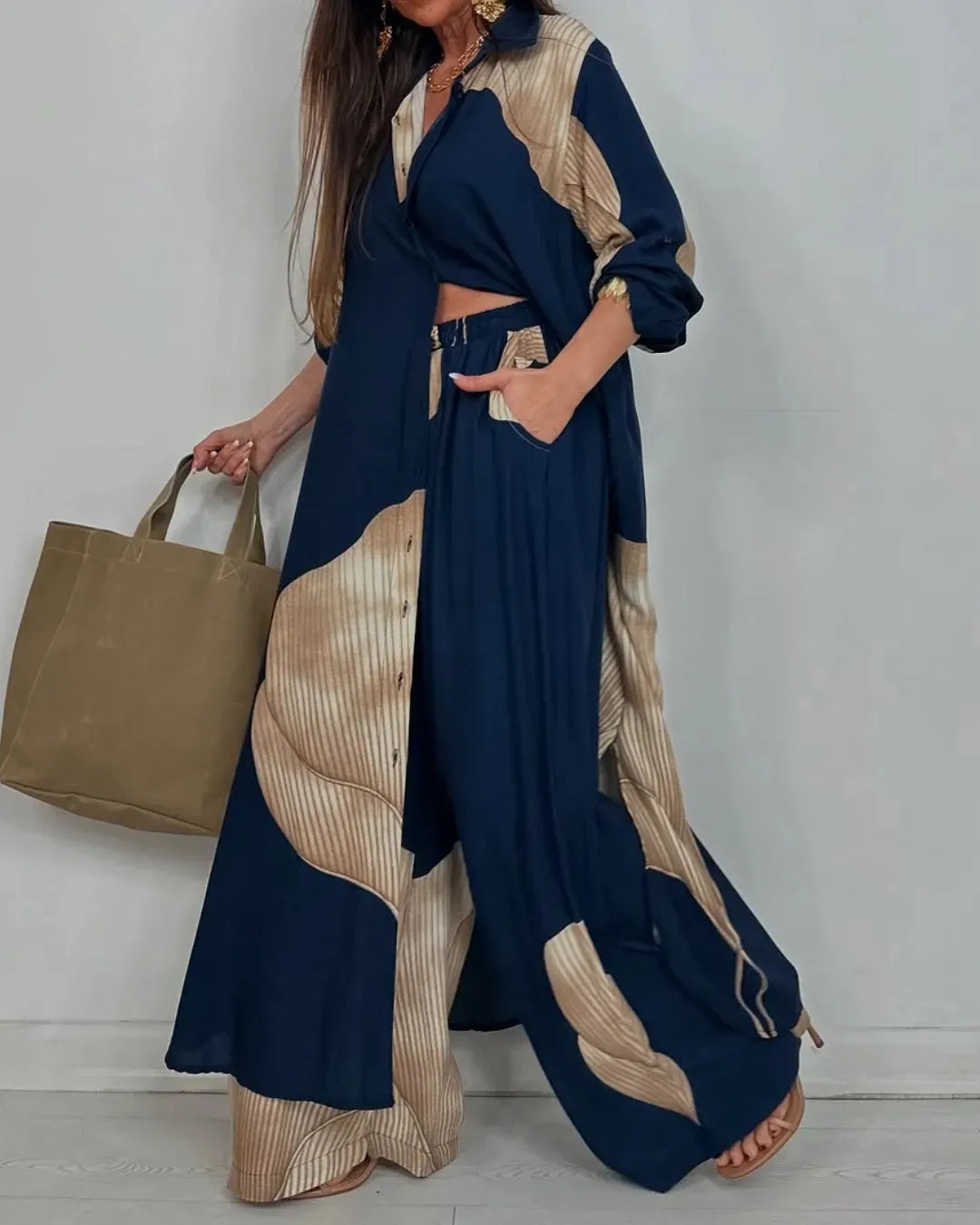 Completo Due Pezzi Donna — Camicia Lunga Stampata e Pantaloni Wide Leg Casual