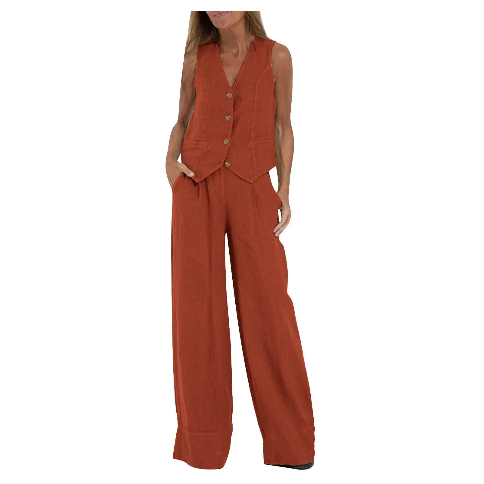 Fashion Solid Sleeveless Vest Wide Leg Pants Sets For Women Summer V-neck Button Top Pocket  Trousers Outfits Two-piece Suit