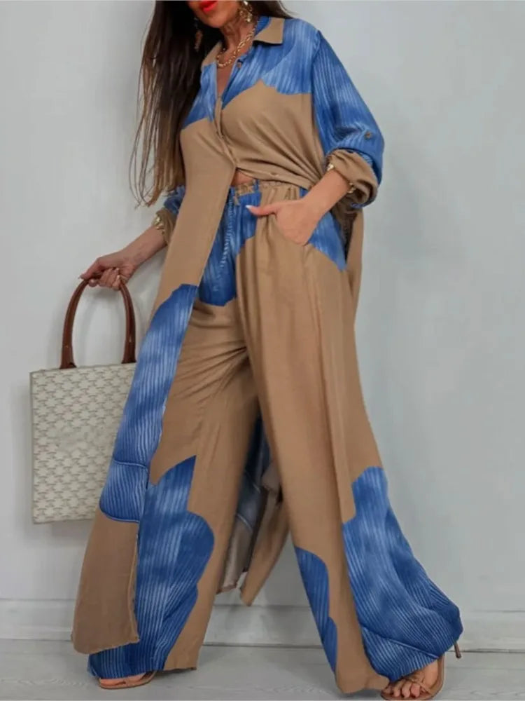 Completo Due Pezzi Donna — Camicia Lunga Stampata e Pantaloni Wide Leg Casual