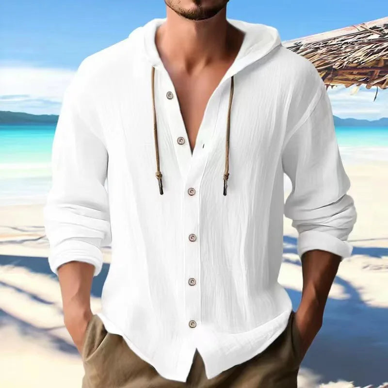 Camicia Uomo Cotone e Lino con Cappuccio – Cardigan Casual Beach Loose Fit