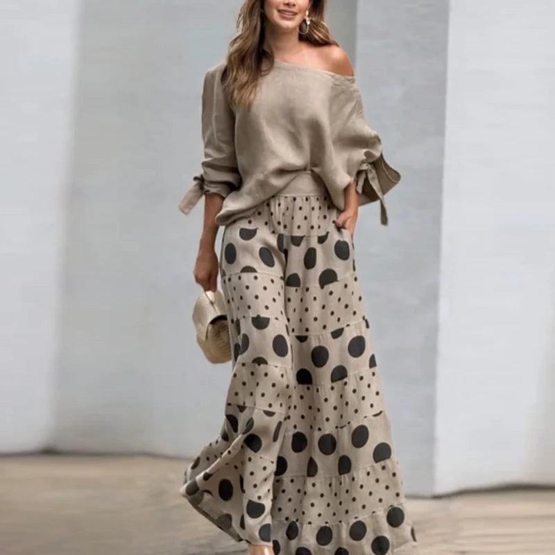 Completo Due Pezzi Donna — Top Scollo Obliquo e Pantaloni Wide Leg Casual Estivo