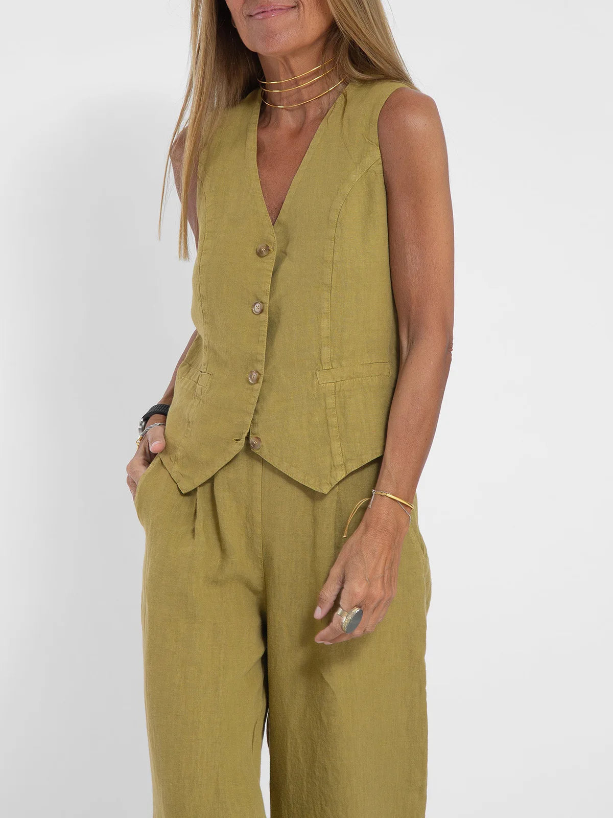 Fashion Solid Sleeveless Vest Wide Leg Pants Sets For Women Summer V-neck Button Top Pocket  Trousers Outfits Two-piece Suit