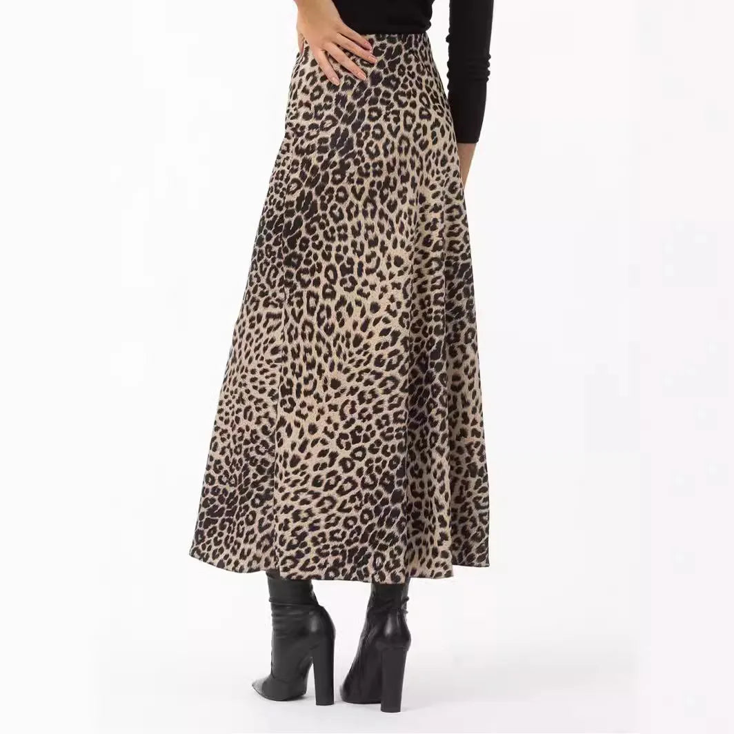Skirts Women summer sexy leopard print high waist elastic silky skirt ankle length Forking Women's clothing WSL6751