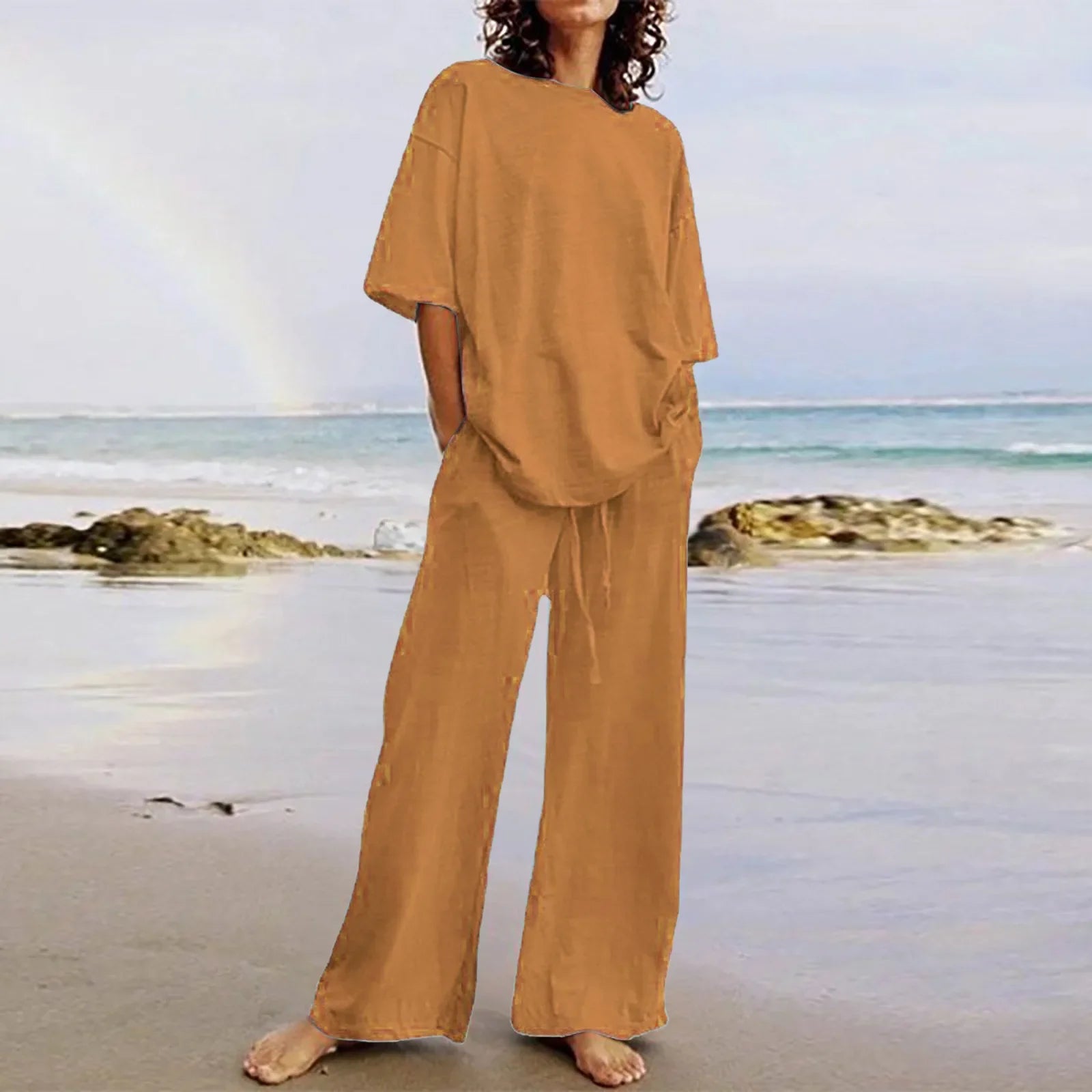 Completo Due Pezzi Donna — Top Girocollo con Tasche e Pantaloni Wide Leg Casual