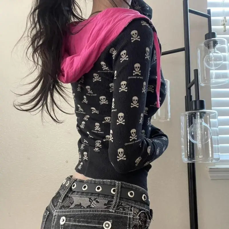 Felpa con Cappuccio Donna Punk Skull Harajuku - Giacca Crop Y2K Gothic con Zip