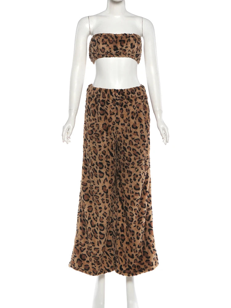 Completo Due Pezzi Donna Stampa Leopardata — Top Crop e Pantaloni Wide Leg Streetwear